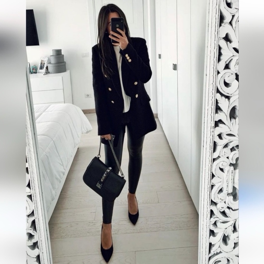 Zara Black Tweed Double Breasted Blazer Gold Button Jacket Classic Chic - Picture 4 of 6